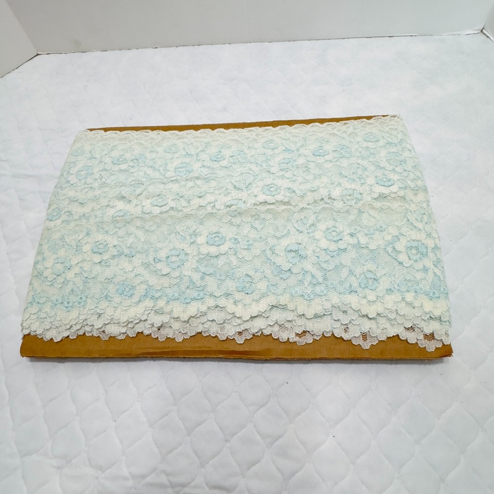 150 feet Vintage Double Scalloped Lace Trim Floral 3- 1/4" Light Blue and White